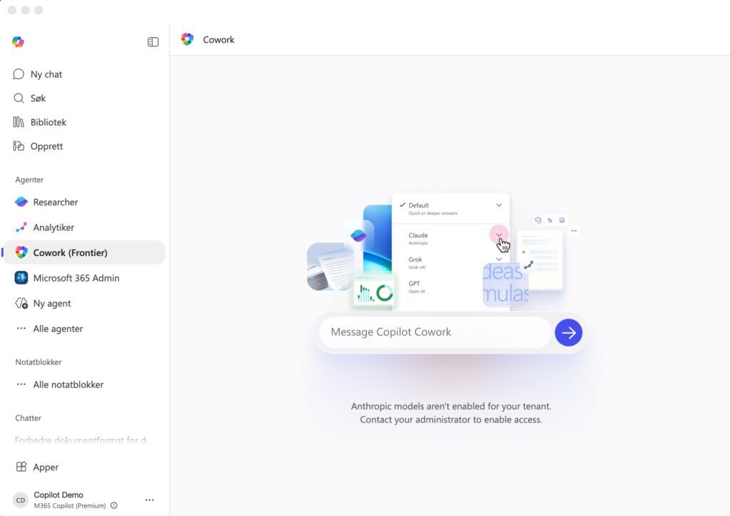 Microsoft Copilot Cowork-grensesnitt som viser valg mellom flere AI-modeller og melding om at Anthropic-modeller ikke er aktivert