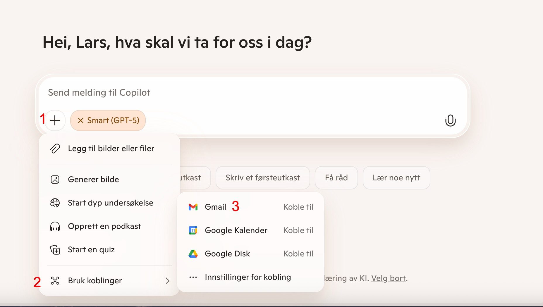 Menyen Bruk koblinger i Microsoft Copilot