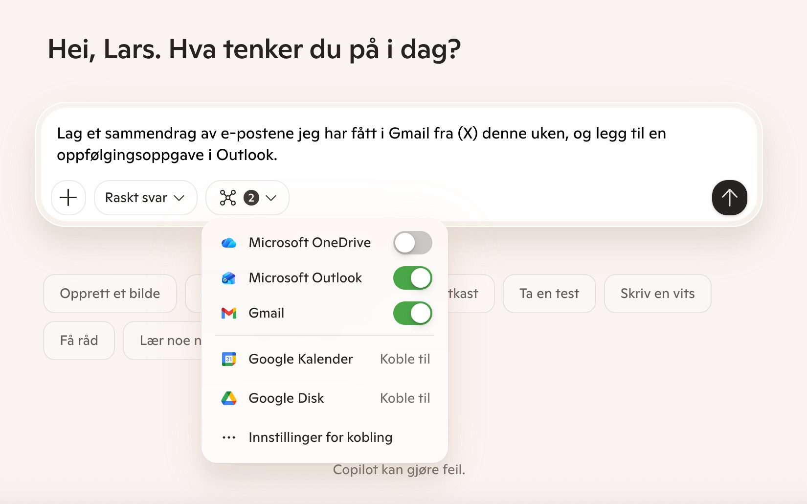 Eksempel på bruk av Google-koblinger i Microsoft Copilot