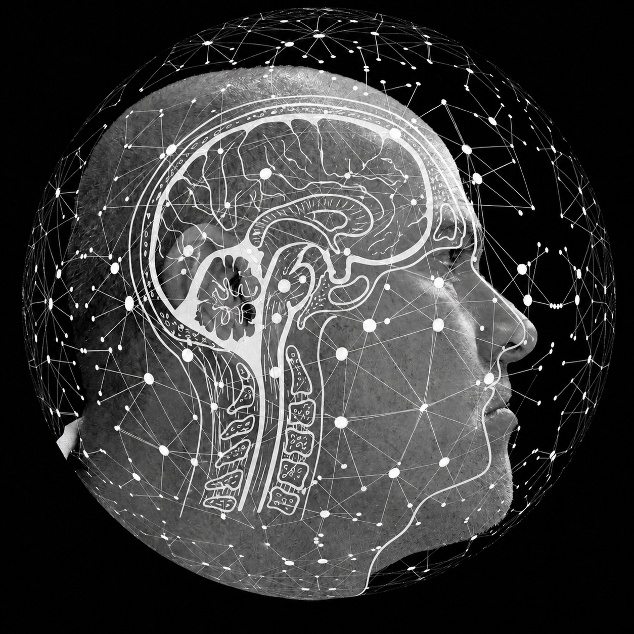 Lars Moltu i profil med et nettverk som illustrerer kunstig intelligens