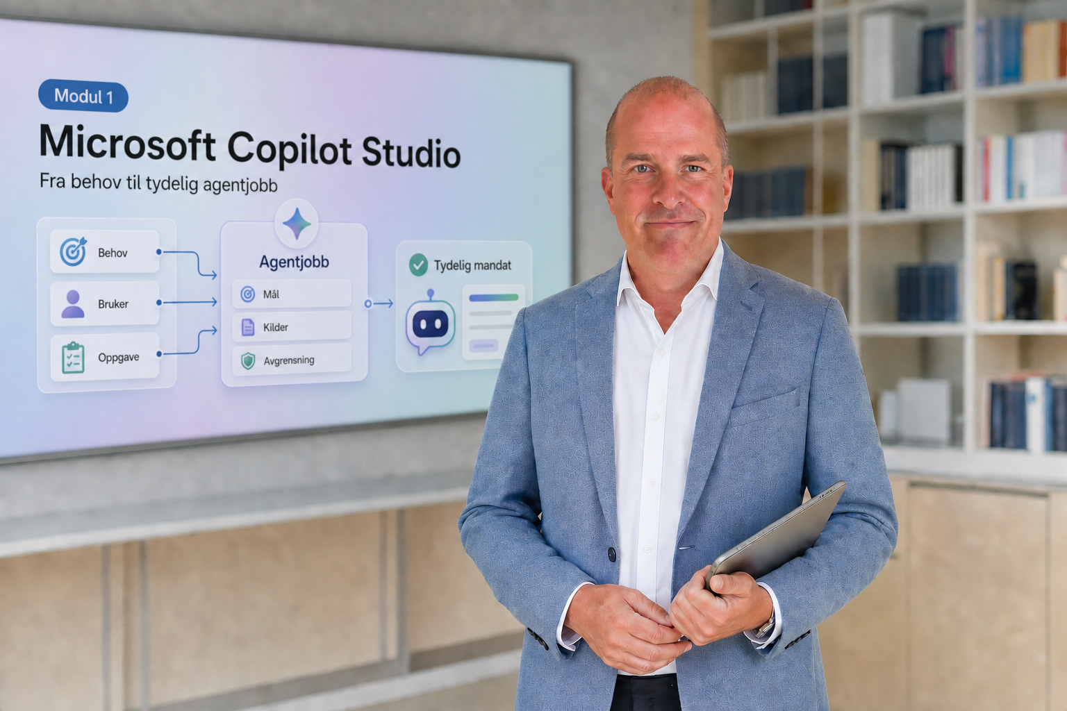 Lars Moltu, kursholder, foran en kursmodul om Microsoft Copilot Studio