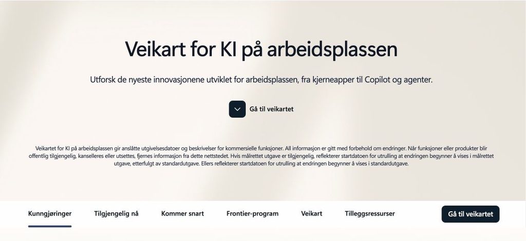 Forsiden til Microsofts Veikart for KI på arbeidsplassen med innganger til kunngjøringer, tilgjengelig nå, kommer snart, Frontier-program og veikart
